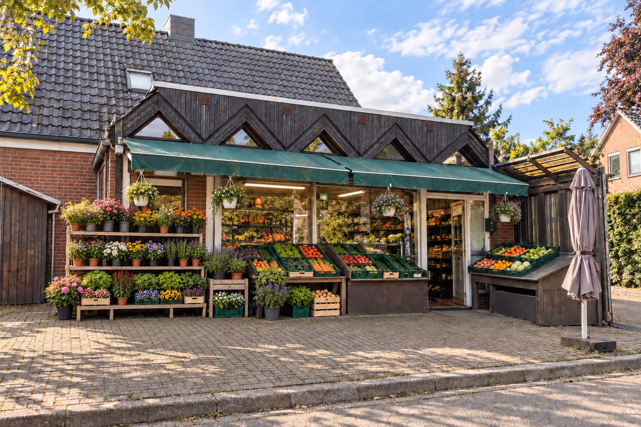 Einladender kleiner Obst- und Gemüseladen mit Topfblumen, grüner Markise und freiem Gehweg in Ofenerdiek