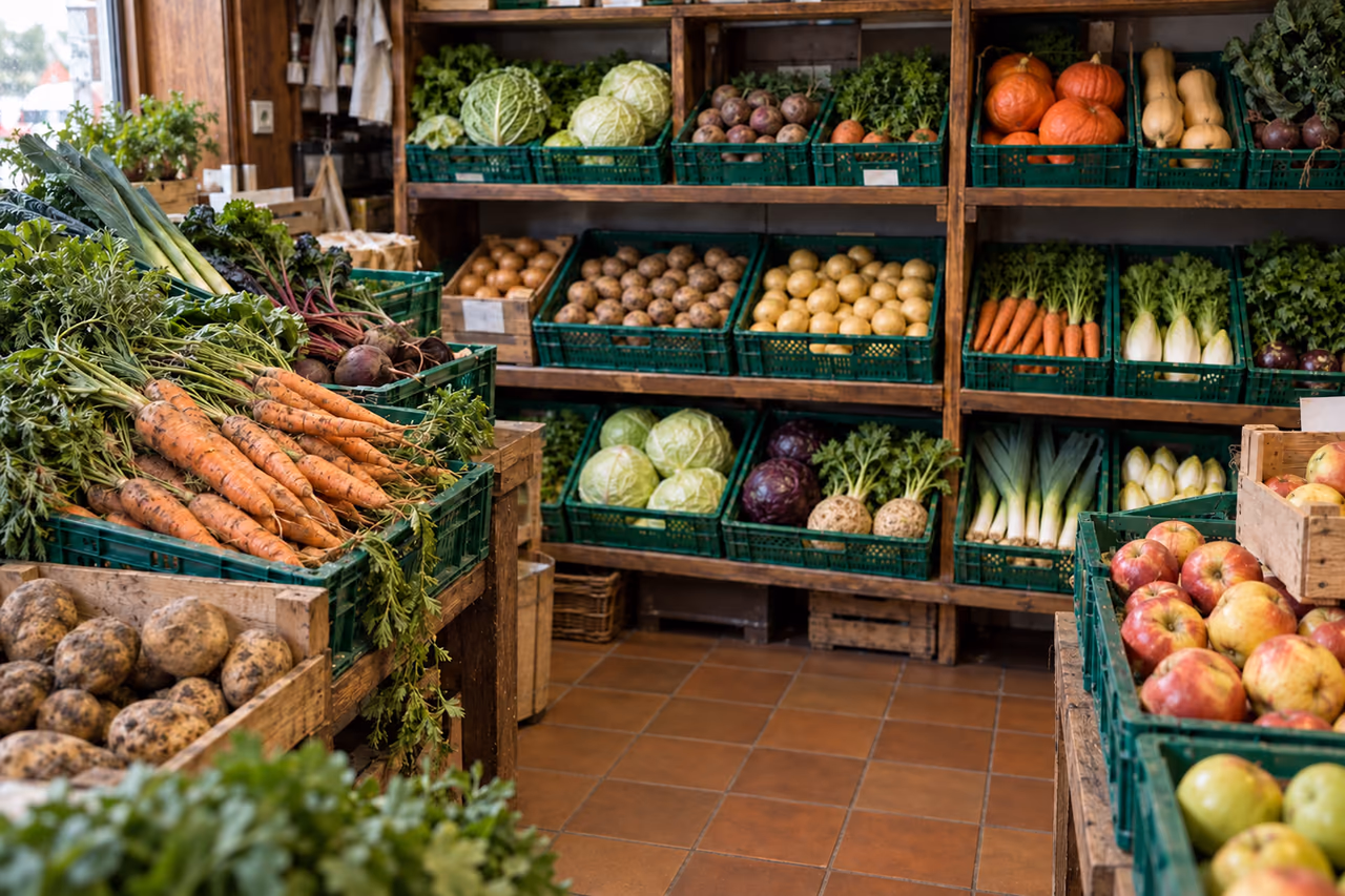 Natürliche Obst- und Gemüseauslage mit frischen Produkten