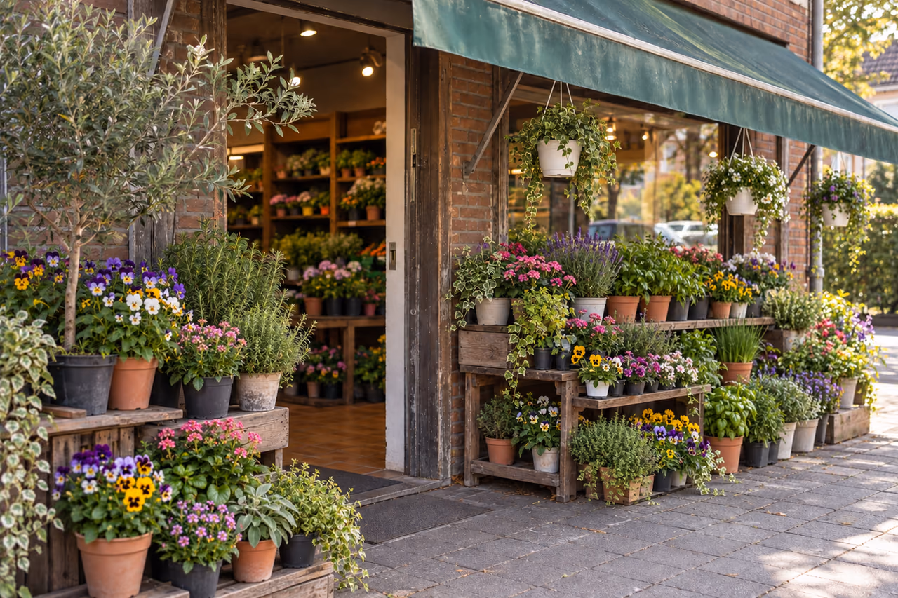 Topfblumen, Topfkräuter und weiße Hängeampeln vor einem kleinen Laden