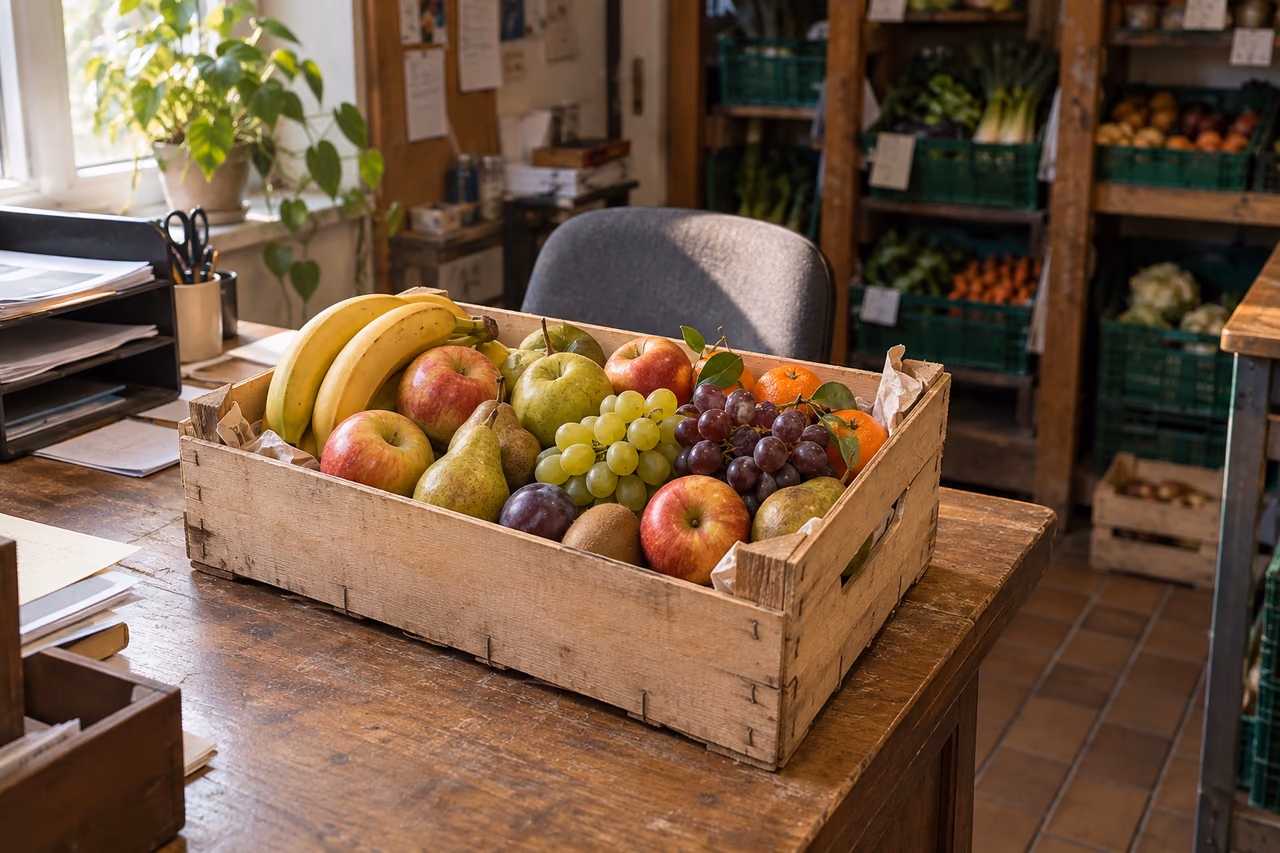 Individuell zusammengestellte Holzkiste mit frischem Obst auf einem freundlichen Bürotisch