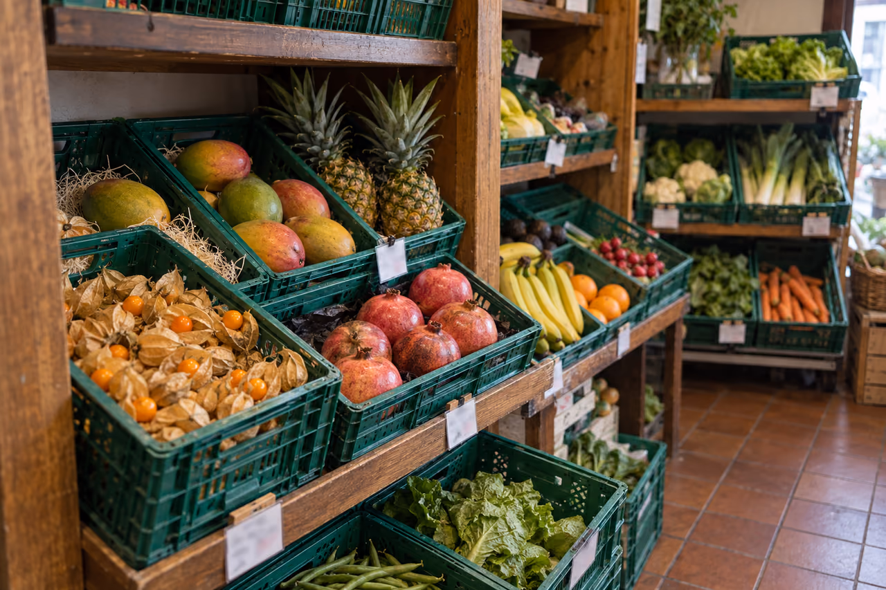 Südfrüchte und Exoten in grünen Kisten