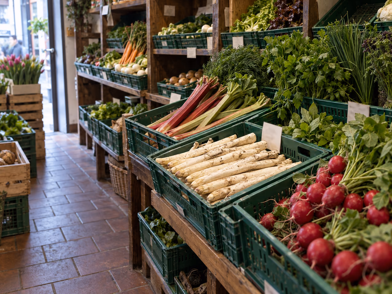 Spargel, Rhabarber, Radieschen und Kräuter in einer frühlingshaften Auslage