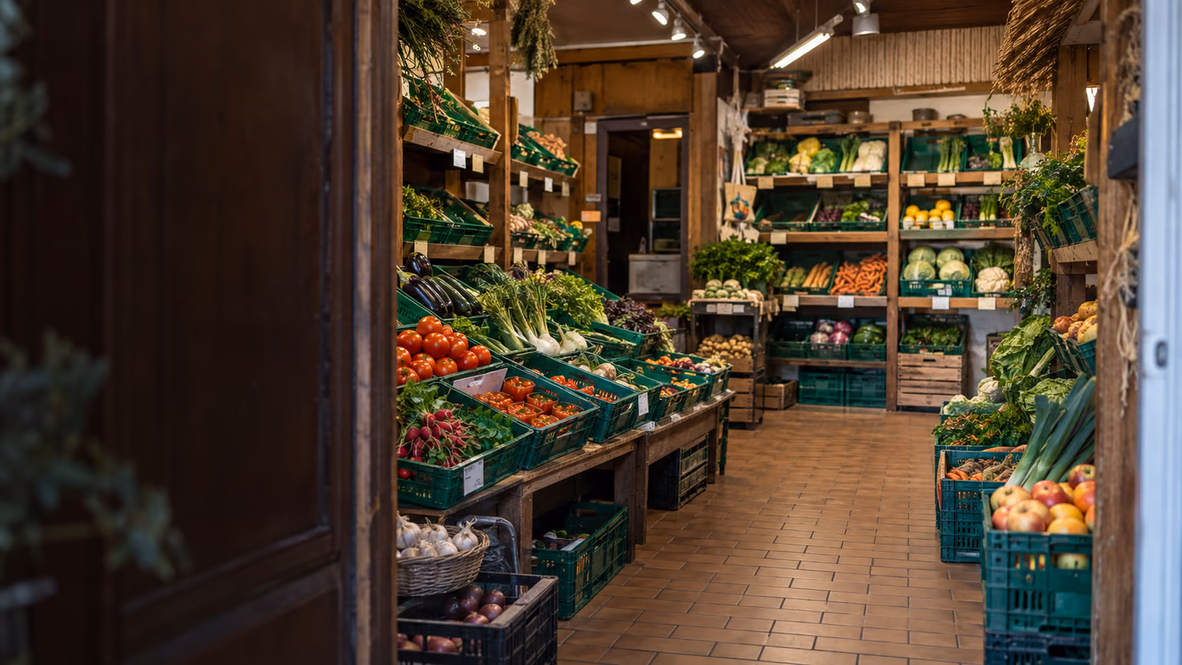 Warme Innenansicht eines gut gefüllten Obst- und Gemüseladens mit Holzregalen und grünen Kisten