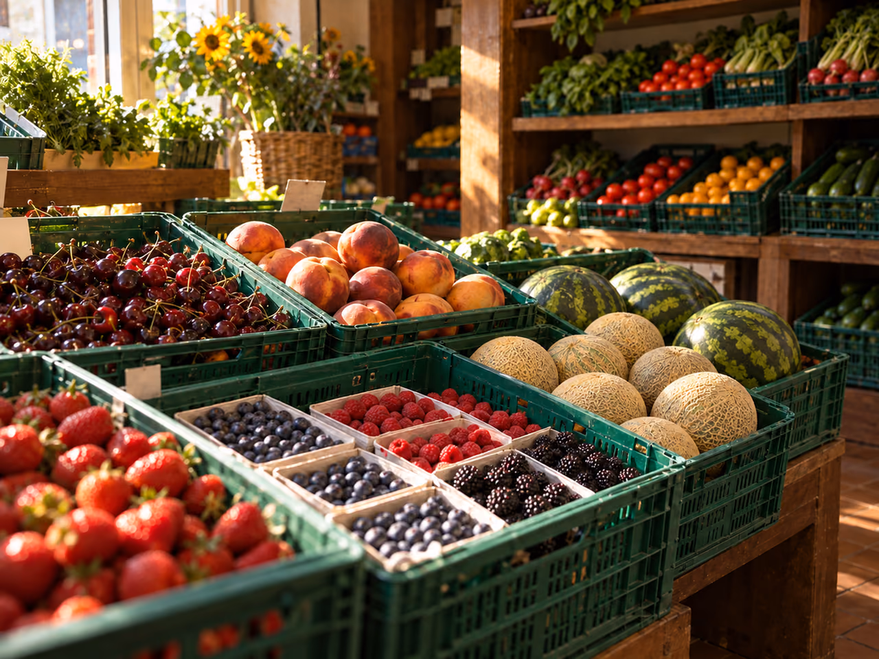 Beeren, Kirschen, Pfirsiche und ganze sonnengereifte Melonen